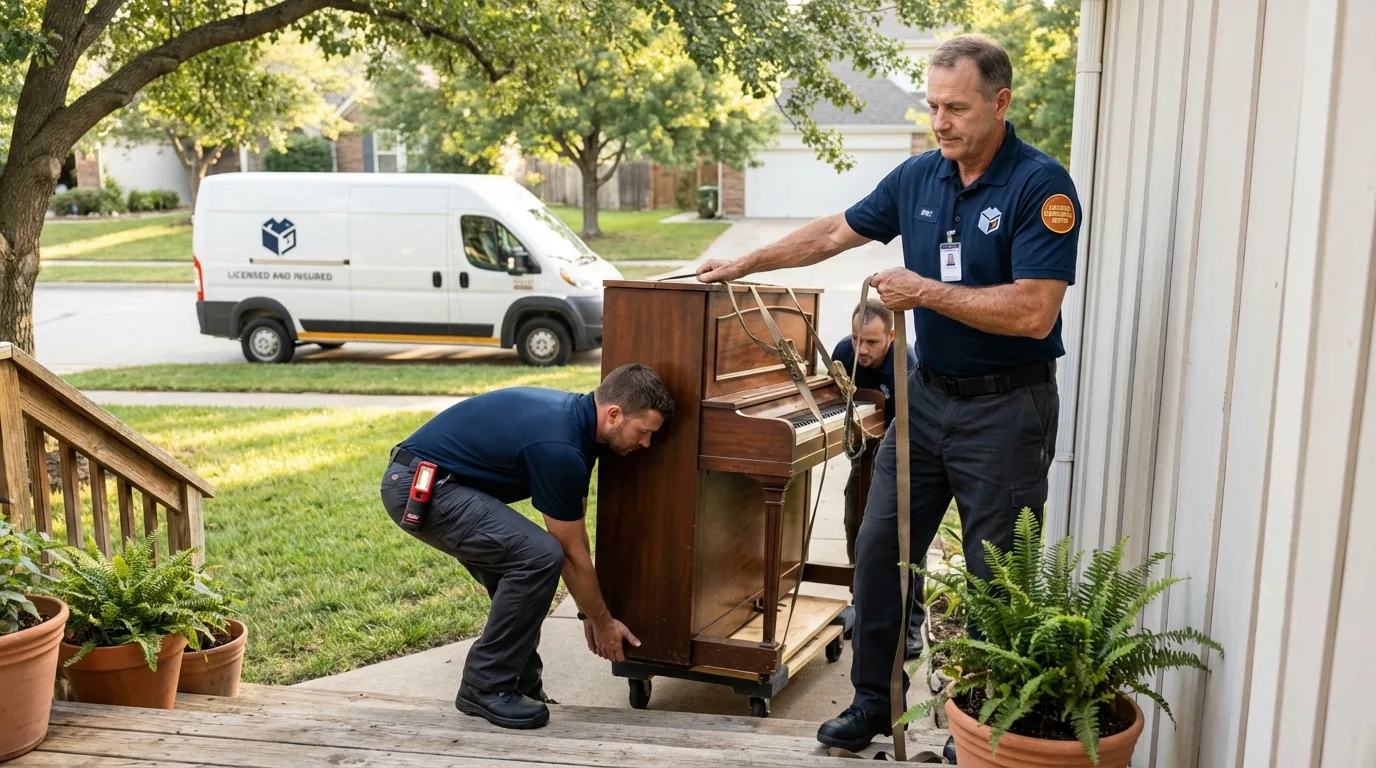 Licensed piano movers securing grand piano in Hays, NC