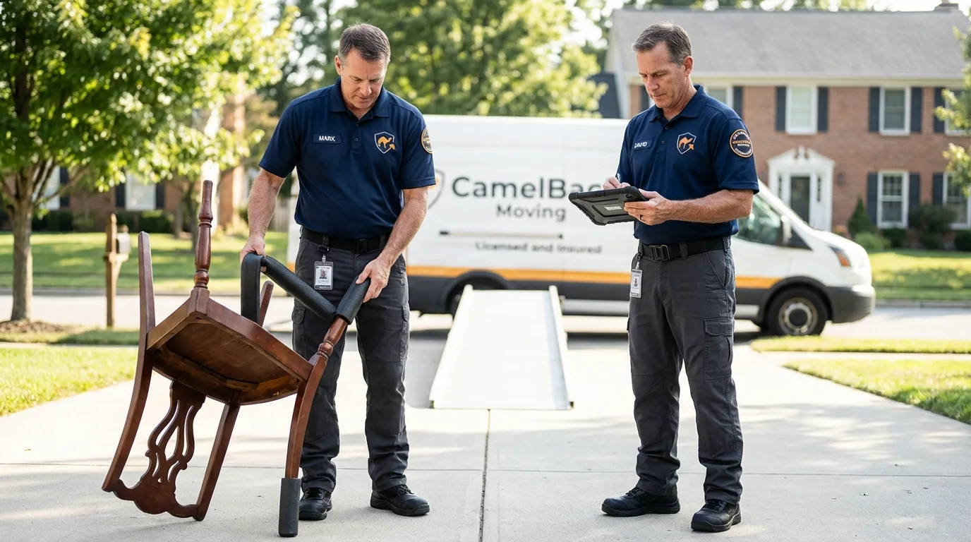 Movers inspecting furniture for damage prevention before loading in Hays, NC