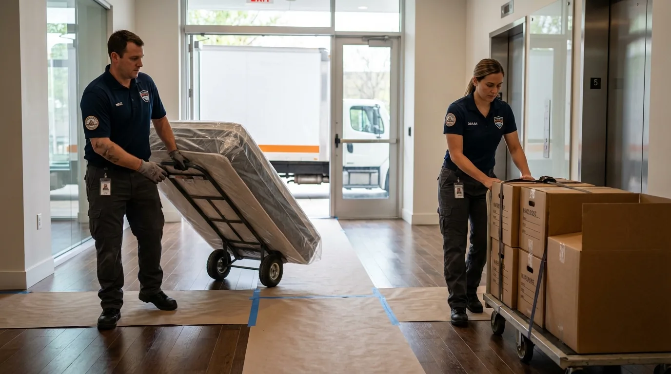 Professional apartment movers loading elevator in Hays, NC